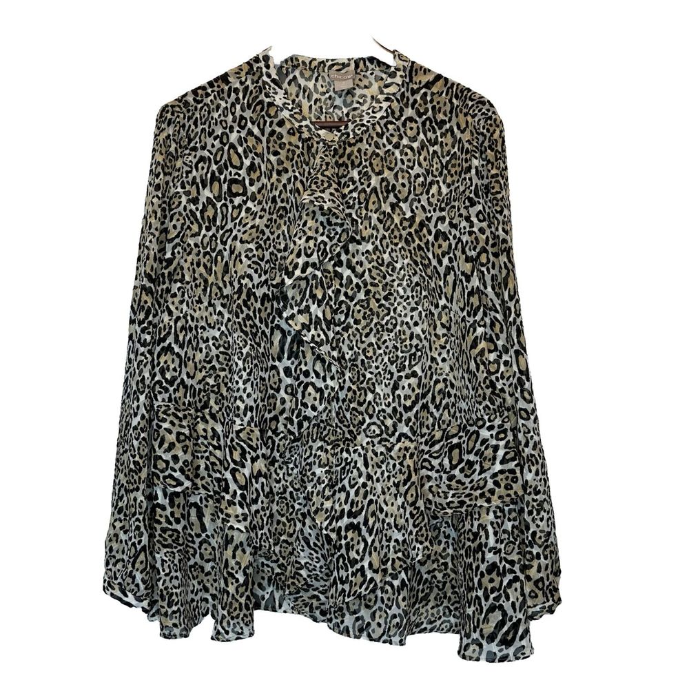 Chico's 3 Top Size 16/18 Button Front Ruffle Leopard Sheer Long Sleeve Blouse XL